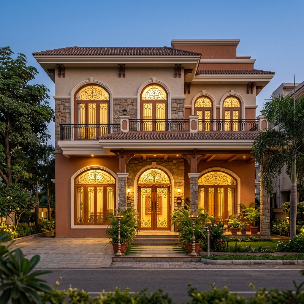 Wood-Grain French Windows in Piplod Bungalow Surat